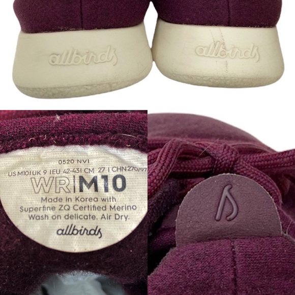 Allbirds Men’s Wool Runners Size M10 D520 Burgundy/White Renewable Materials - Picture 12 of 13